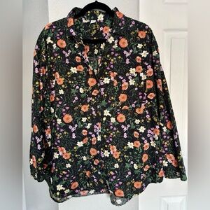 ONLY Black Floral Button-Front Top with Yellow & Pink Blooms Size XL